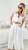 Belted Italian Linen Midi Button Skirt - White-170 Bottoms-Yolly-Coastal Bloom Boutique, find the trendiest versions of the popular styles and looks Located in Indialantic, FL