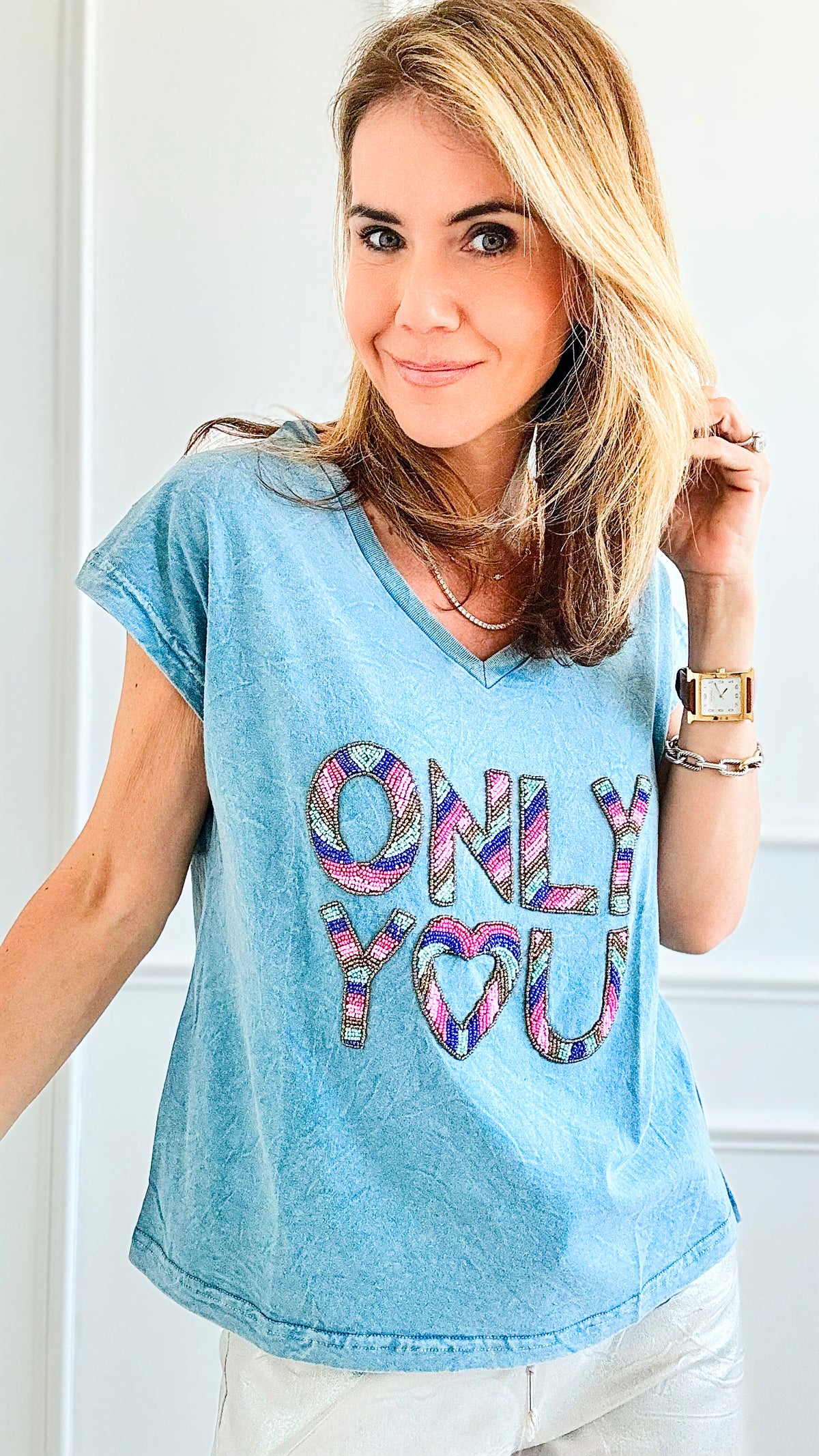 Only You Beaded Tee - Blue-110 Short Sleeve Tops-Gold & Silver Paris-Coastal Bloom Boutique, find the trendiest versions of the popular styles and looks Located in Indialantic, FL