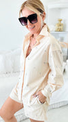 Girl Power Blouse Shorts Set - Beige-130 Long Sleeve Tops-BLUE B-Coastal Bloom Boutique, find the trendiest versions of the popular styles and looks Located in Indialantic, FL