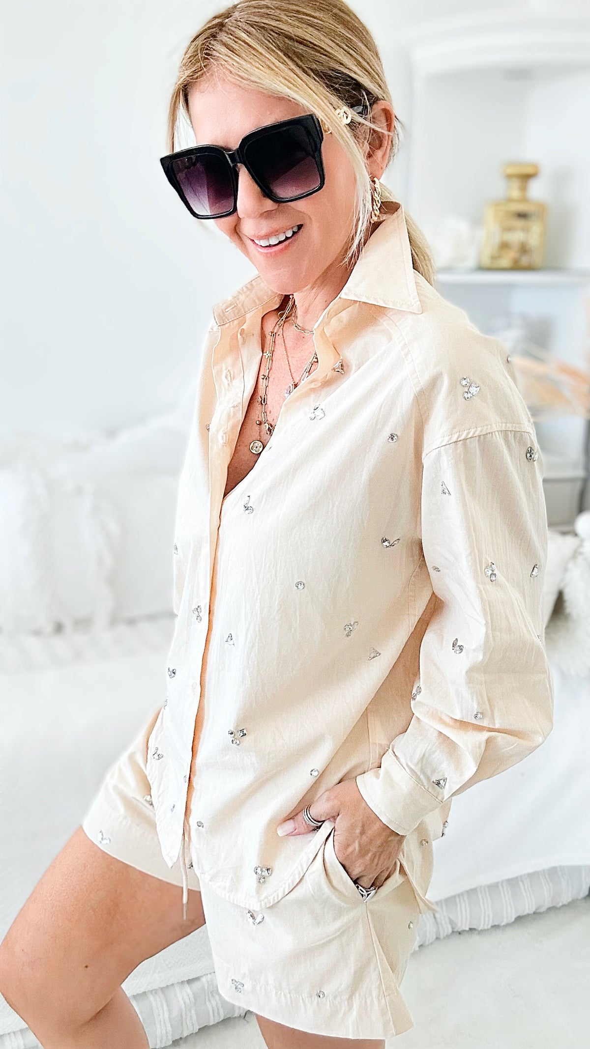 Girl Power Blouse Shorts Set - Beige-130 Long Sleeve Tops-BLUE B-Coastal Bloom Boutique, find the trendiest versions of the popular styles and looks Located in Indialantic, FL