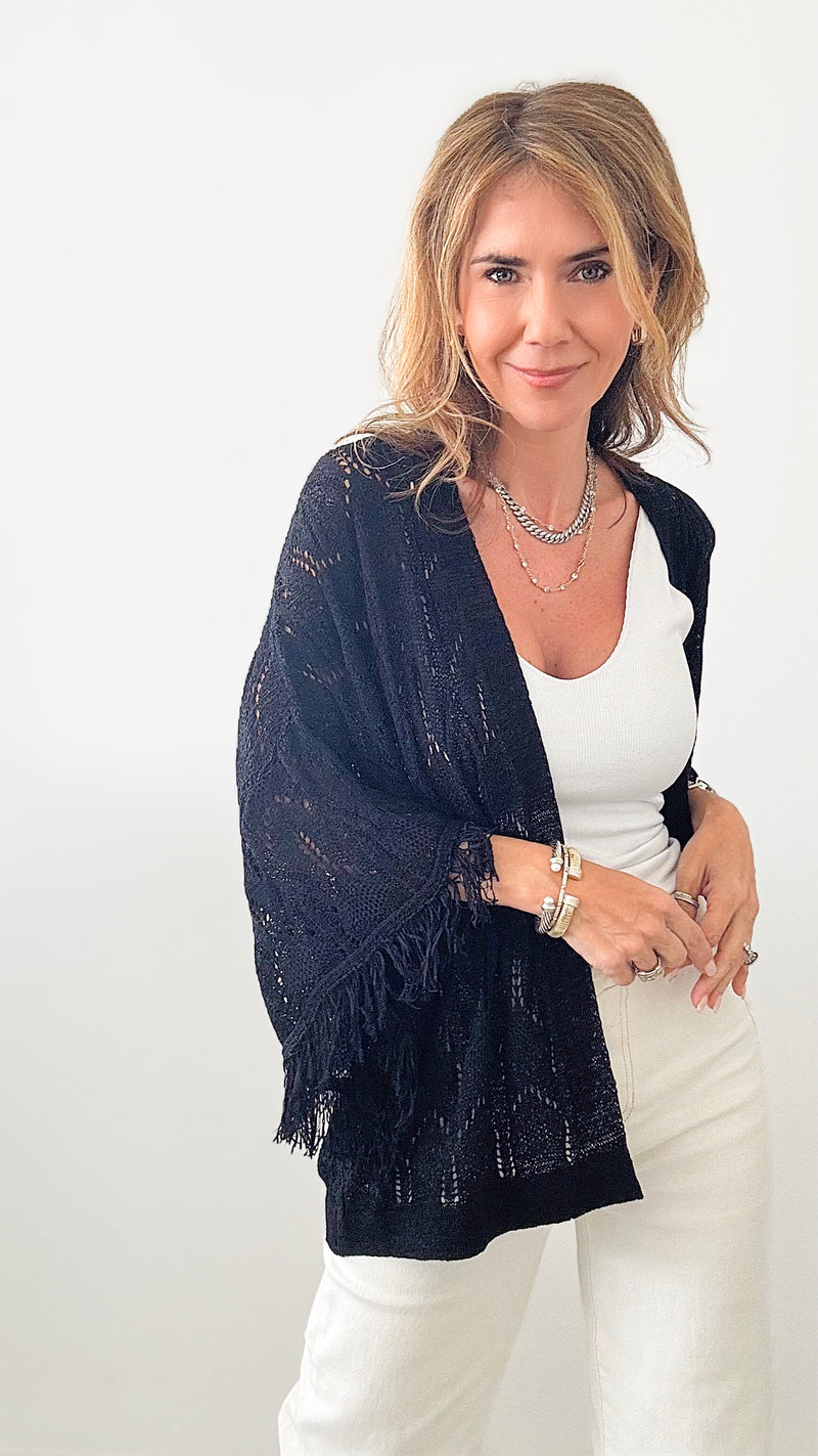 Pointelle Knit Fringe Kimono - Black-150 Cardigans/Layers-EESOME-Coastal Bloom Boutique, find the trendiest versions of the popular styles and looks Located in Indialantic, FL