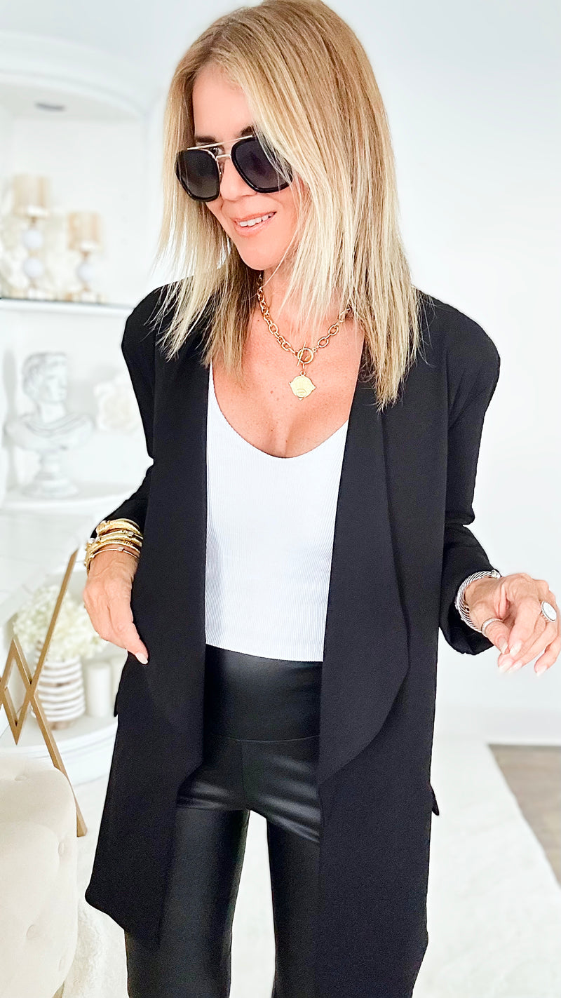 Boyfriend Waterfall Blazer - Black-150 Cardigans/Layers-BOOM BOOM JEANS-Coastal Bloom Boutique, find the trendiest versions of the popular styles and looks Located in Indialantic, FL