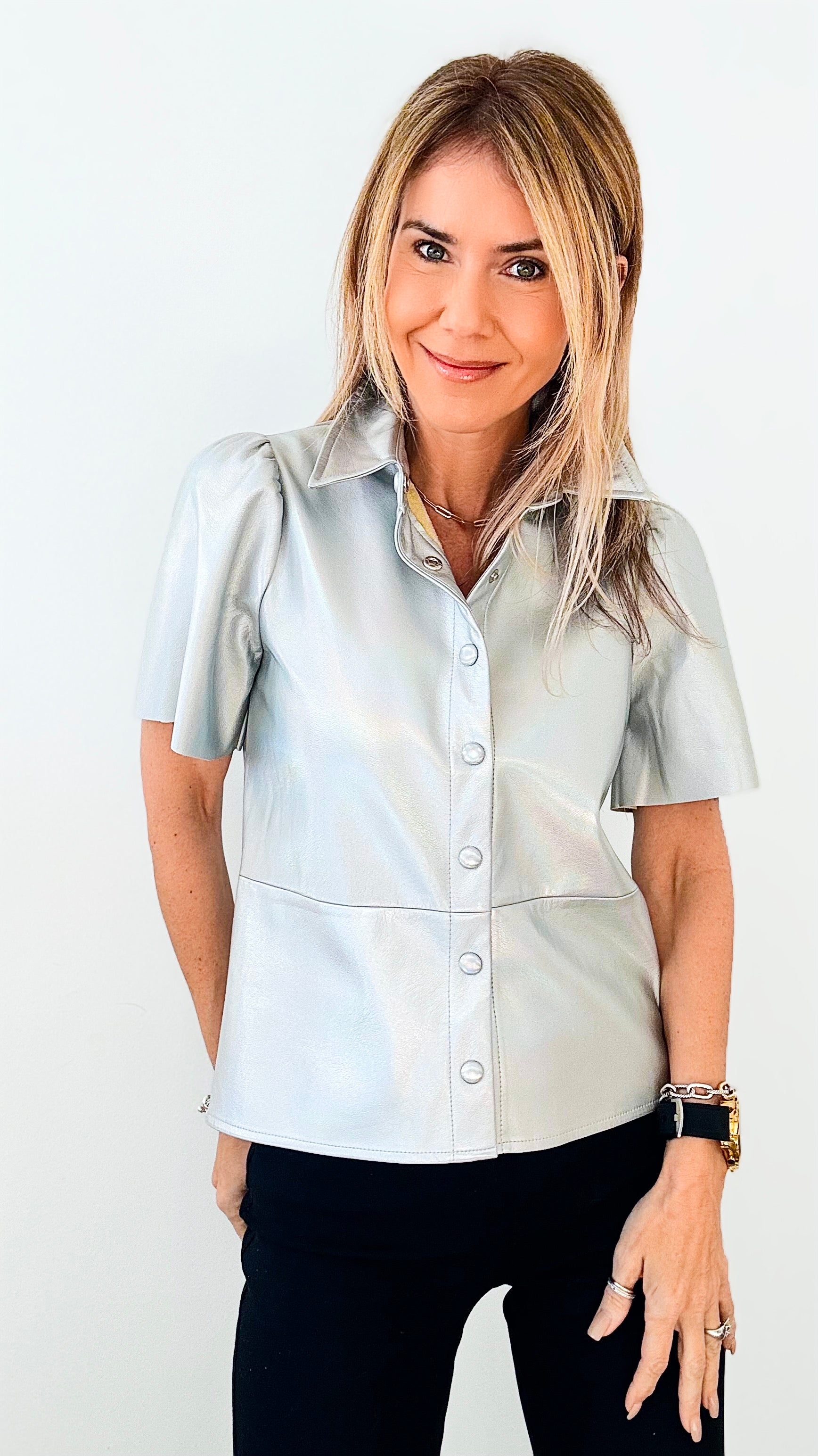Vegan Leather Metallic Button Down Top - Silver-110 Short Sleeve Tops-Dolce Cabo-Coastal Bloom Boutique, find the trendiest versions of the popular styles and looks Located in Indialantic, FL