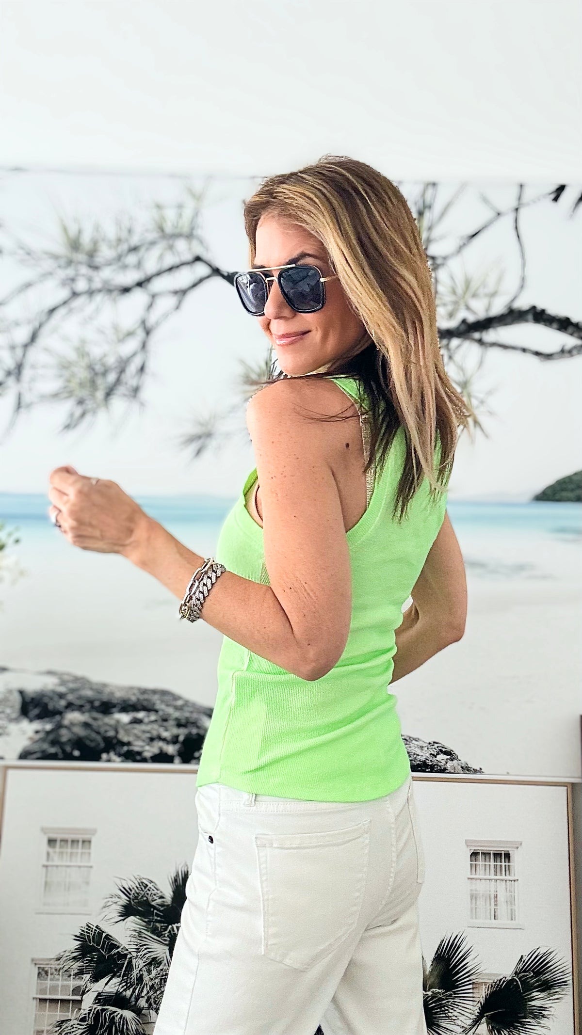 Sunburst Glow Italian Tank - Neon Green-100 Sleeveless Tops-Germany-Coastal Bloom Boutique, find the trendiest versions of the popular styles and looks Located in Indialantic, FL