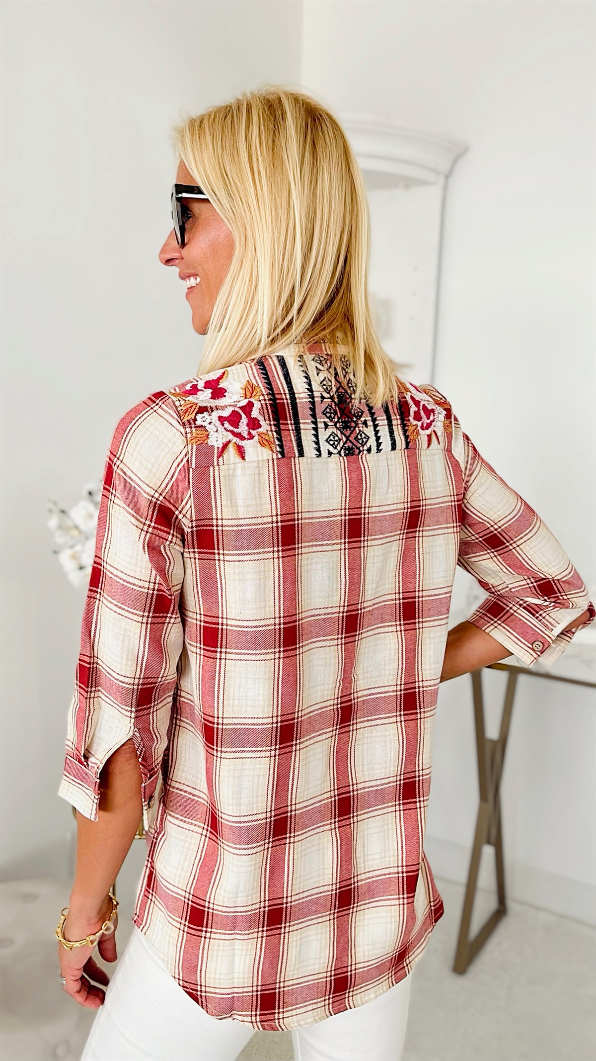 Merlot Embroidered Flannel Cotton Plaid Top-130 Long Sleeve Tops-Joh Apparel-Coastal Bloom Boutique, find the trendiest versions of the popular styles and looks Located in Indialantic, FL