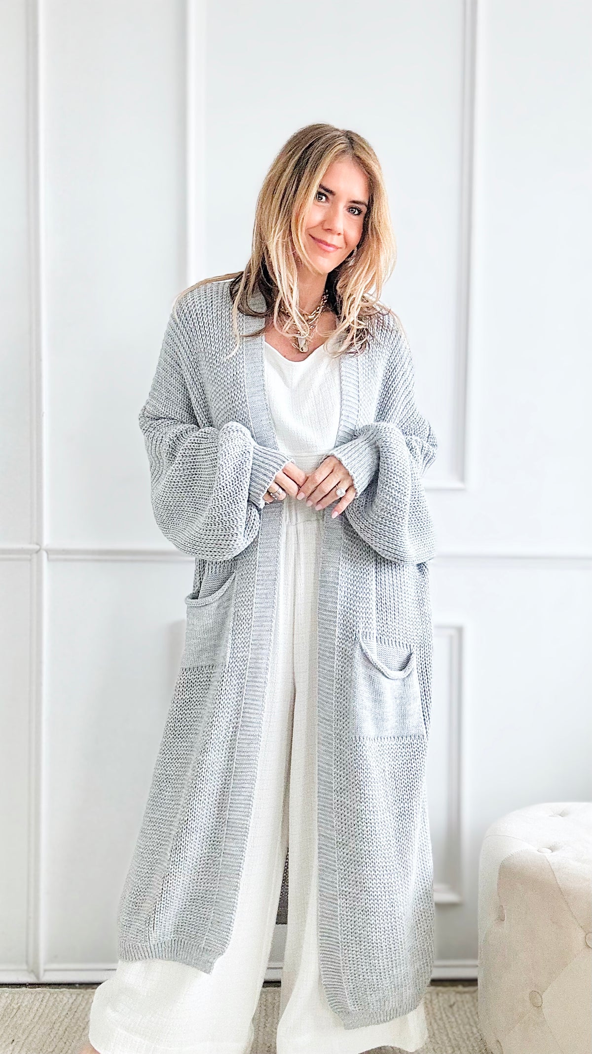 Sugar High Long Italian Cardigan - Lt Grey-150 Cardigans/Layers-Yolly-Coastal Bloom Boutique, find the trendiest versions of the popular styles and looks Located in Indialantic, FL