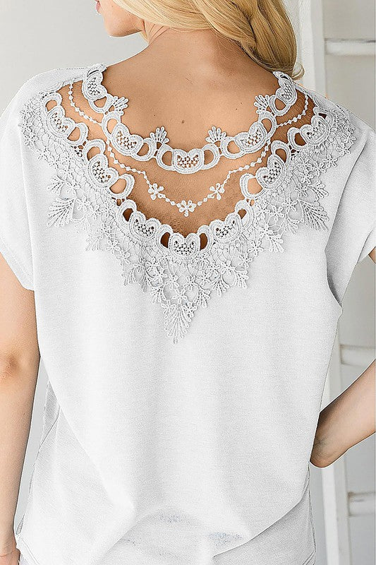 Crochet Back Detail Top-110 Short Sleeve Tops-Rousseau-Coastal Bloom Boutique, find the trendiest versions of the popular styles and looks Located in Indialantic, FL