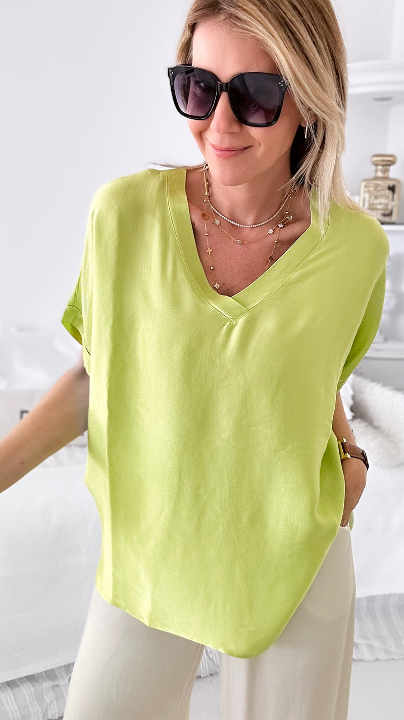 Effortless Italian V Neck Top - Lime-110 Short Sleeve Tops-Yolly-Coastal Bloom Boutique, find the trendiest versions of the popular styles and looks Located in Indialantic, FL
