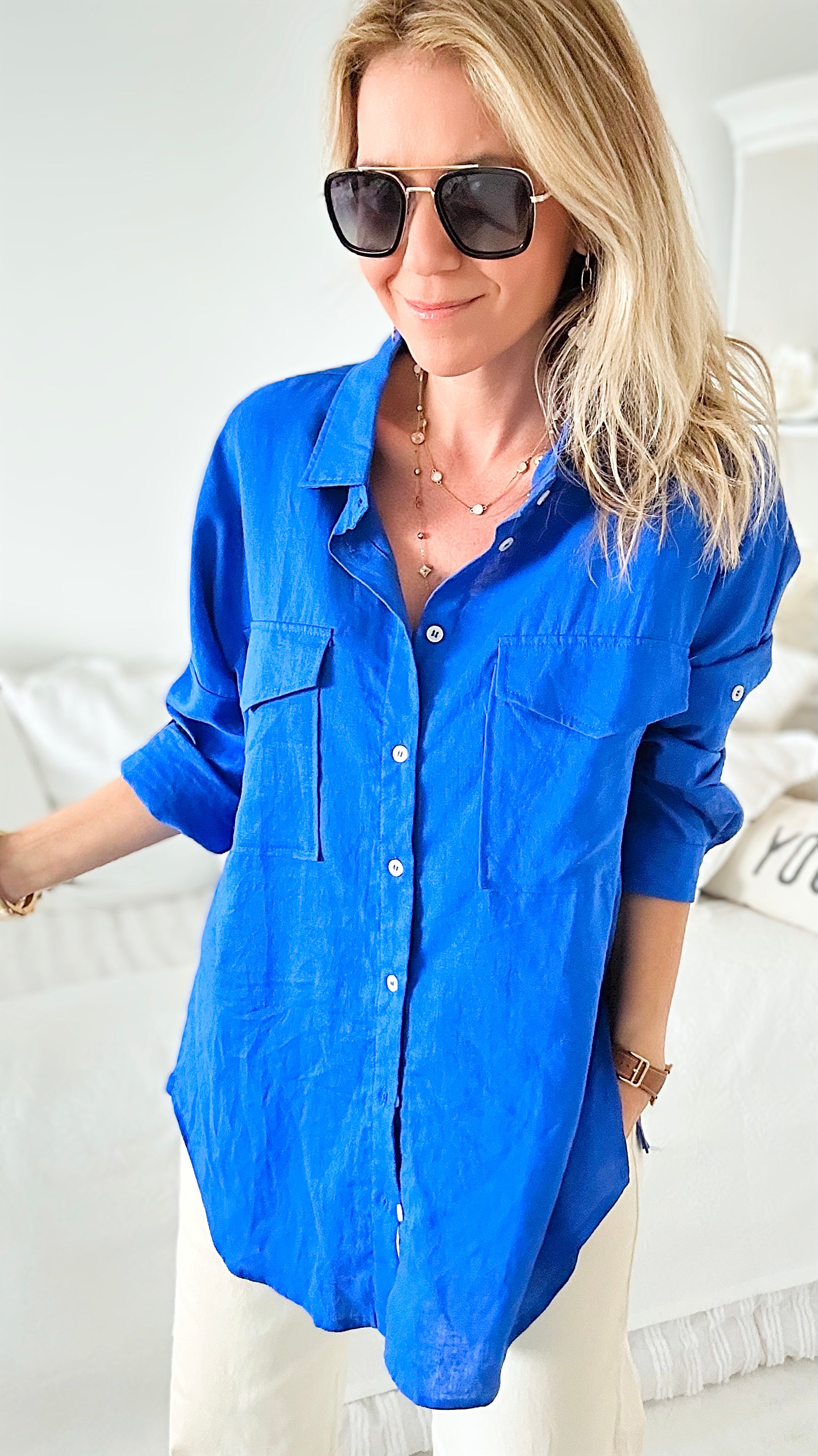 Oversized Double Pocket Blouse - Royal Blue-130 Long Sleeve Tops-Love Tree Fashion-Coastal Bloom Boutique, find the trendiest versions of the popular styles and looks Located in Indialantic, FL
