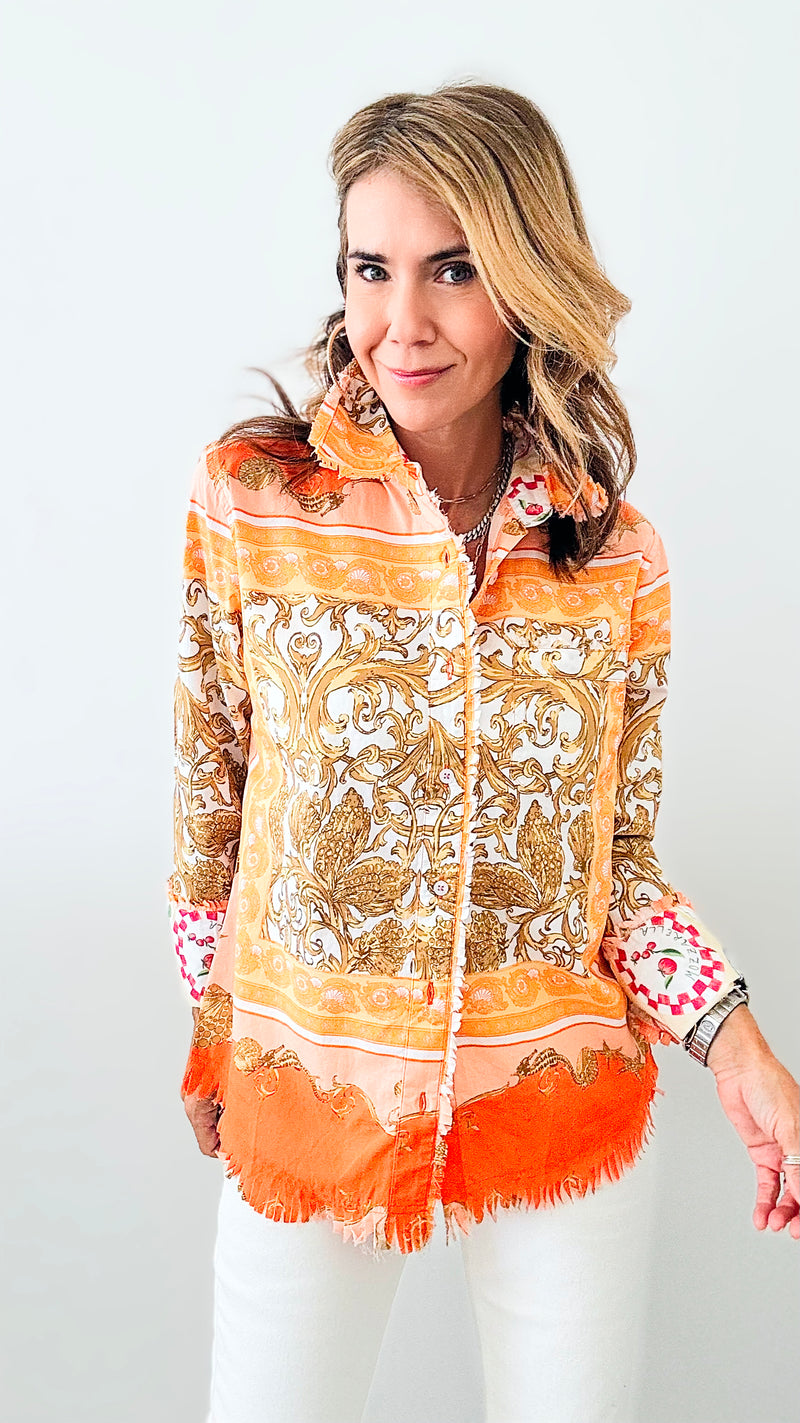 Cape Cod Capri Button Down Top - Orange-130 Long Sleeve Tops-DIZZY-LIZZIE-Coastal Bloom Boutique, find the trendiest versions of the popular styles and looks Located in Indialantic, FL