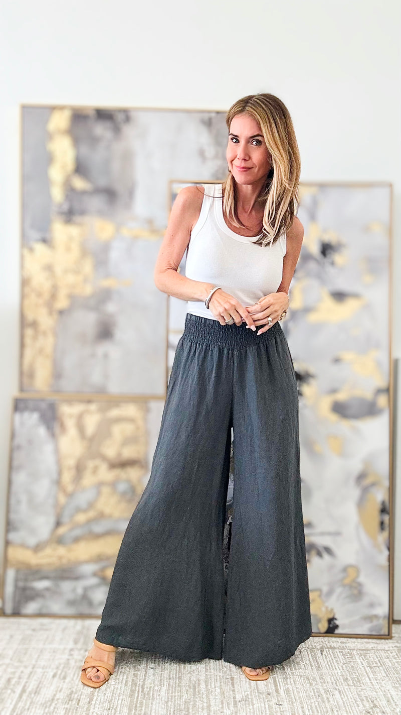 Born Free Linen Italian Palazzo - Charcoal-170 Bottoms-Italianissimo-Coastal Bloom Boutique, find the trendiest versions of the popular styles and looks Located in Indialantic, FL