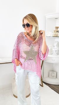 Metallic Star Italian Chain Sweater - Pink/Gold-140 Sweaters-Germany-Coastal Bloom Boutique, find the trendiest versions of the popular styles and looks Located in Indialantic, FL