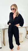 Ready to Go Drawstring Jumpsuit - Black-200 dresses/jumpsuits/rompers-HYFVE-Coastal Bloom Boutique, find the trendiest versions of the popular styles and looks Located in Indialantic, FL
