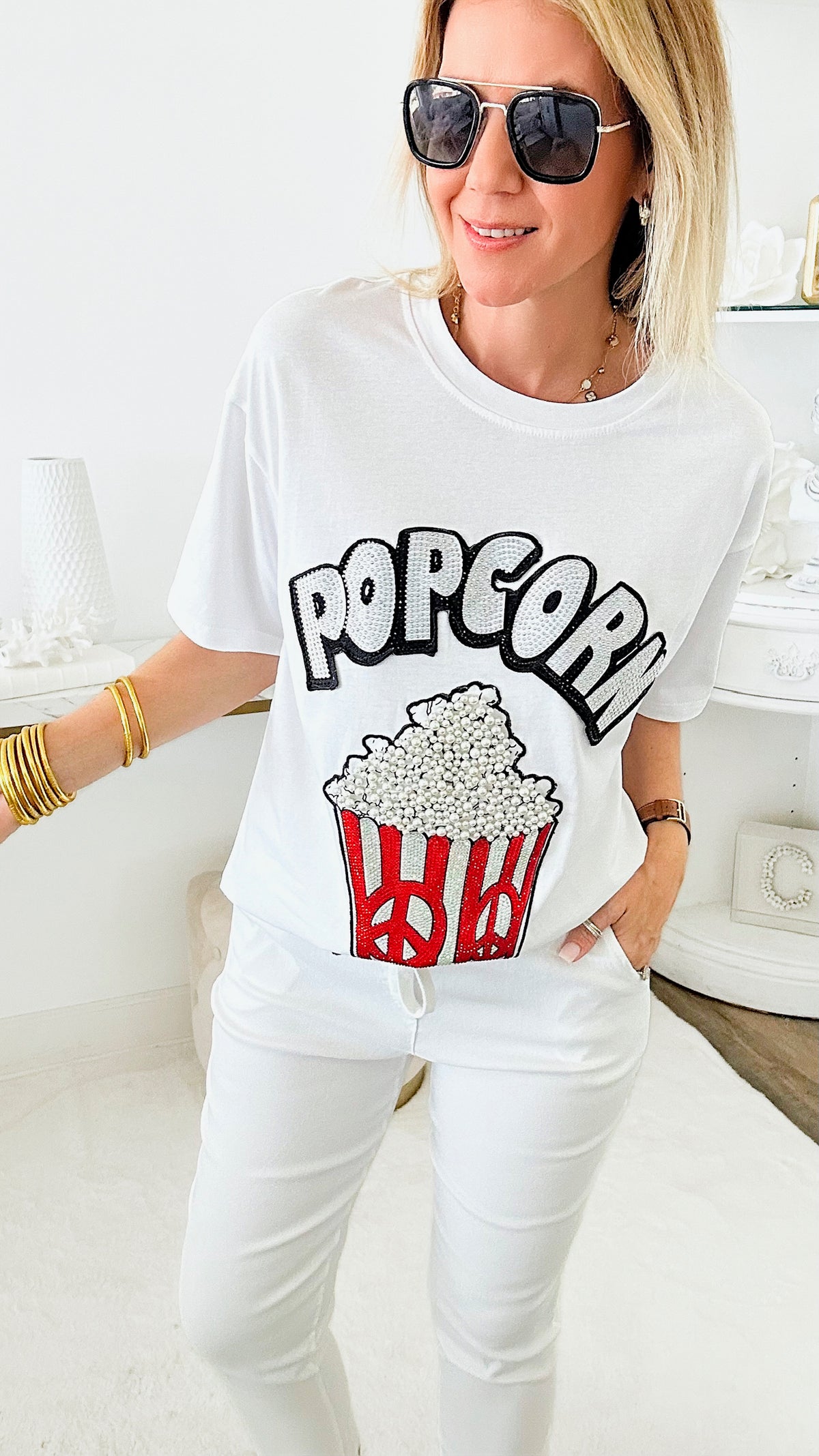 Popcorn Embellished T-Shirt - White-110 Short Sleeve Tops-La' Ros-Coastal Bloom Boutique, find the trendiest versions of the popular styles and looks Located in Indialantic, FL