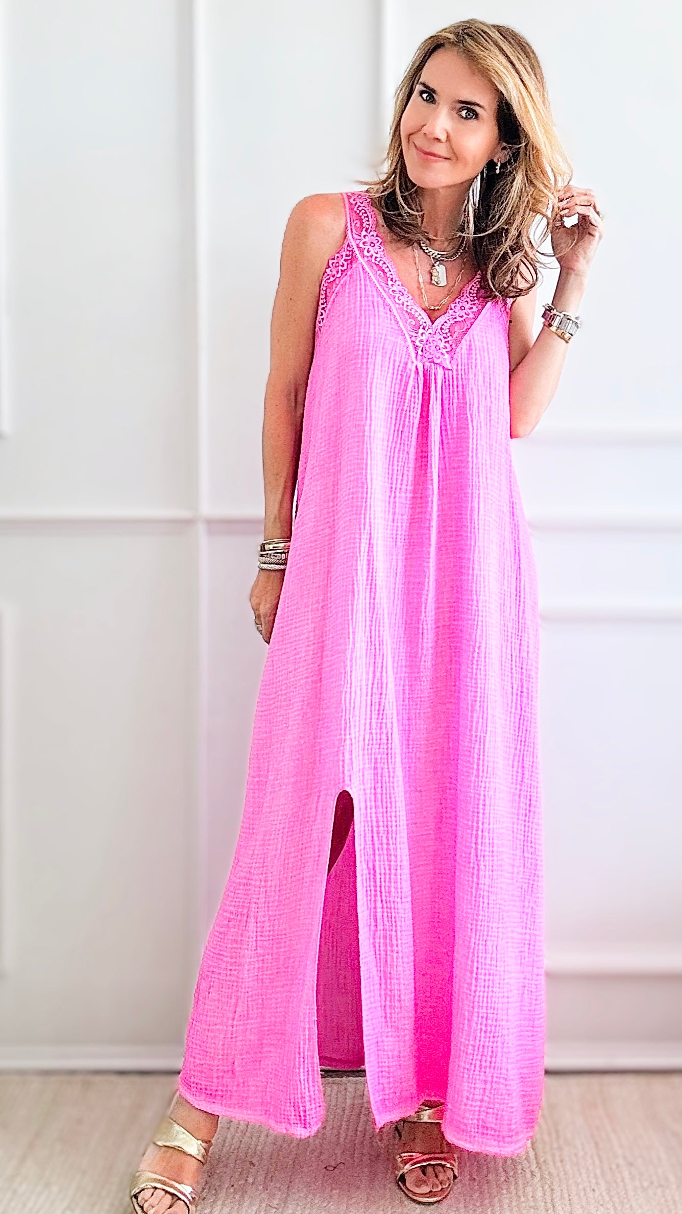 Elegant Italian Lace & Crinkle Dress - Fuchsia-200 Dresses/Jumpsuits/Rompers-Italianissimo-Coastal Bloom Boutique, find the trendiest versions of the popular styles and looks Located in Indialantic, FL