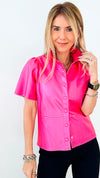 Vegan Leather Metallic Button Down Top - Hot Pink-110 Short Sleeve Tops-Dolce Cabo-Coastal Bloom Boutique, find the trendiest versions of the popular styles and looks Located in Indialantic, FL