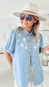 Not So Casual Flowers & Marquise Embellished Blouse-110 Short Sleeve Tops-LA' ROS-Coastal Bloom Boutique, find the trendiest versions of the popular styles and looks Located in Indialantic, FL