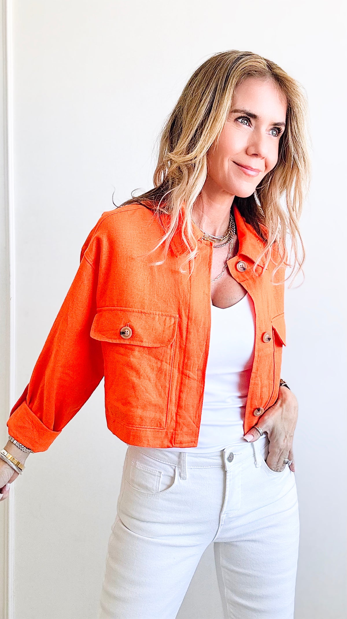 Linen Trench Crop Top - Orange-130 Long Sleeve Tops-Love Tree Fashion-Coastal Bloom Boutique, find the trendiest versions of the popular styles and looks Located in Indialantic, FL