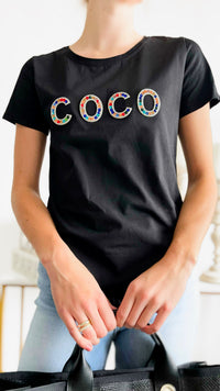 Coco Embellished Graphic Tee-110 Short Sleeve Tops-IN2YOU-Coastal Bloom Boutique, find the trendiest versions of the popular styles and looks Located in Indialantic, FL