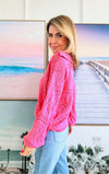V-Neck Crochet Knit Sweater - Hot Pink-140 Sweaters-Miracle-Coastal Bloom Boutique, find the trendiest versions of the popular styles and looks Located in Indialantic, FL