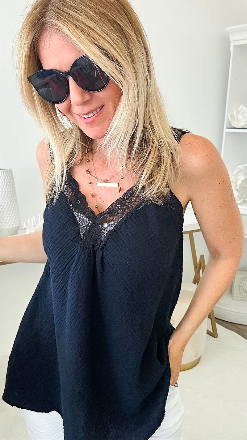 Elegant Lace & Crinkle Italian Top - Black-100 Sleeveless Tops-Yolly-Coastal Bloom Boutique, find the trendiest versions of the popular styles and looks Located in Indialantic, FL