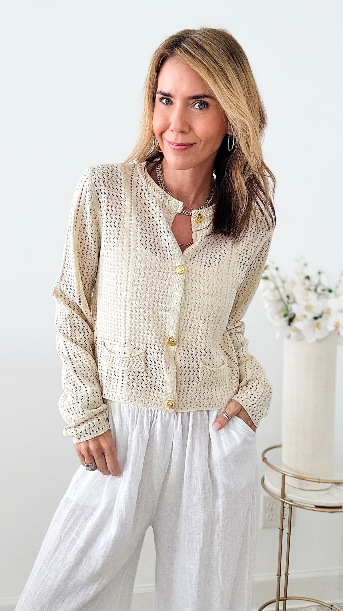 Pointelle Knit Buttoned Cardigan - Beige-150 Cardigan Layers-original usa-Coastal Bloom Boutique, find the trendiest versions of the popular styles and looks Located in Indialantic, FL