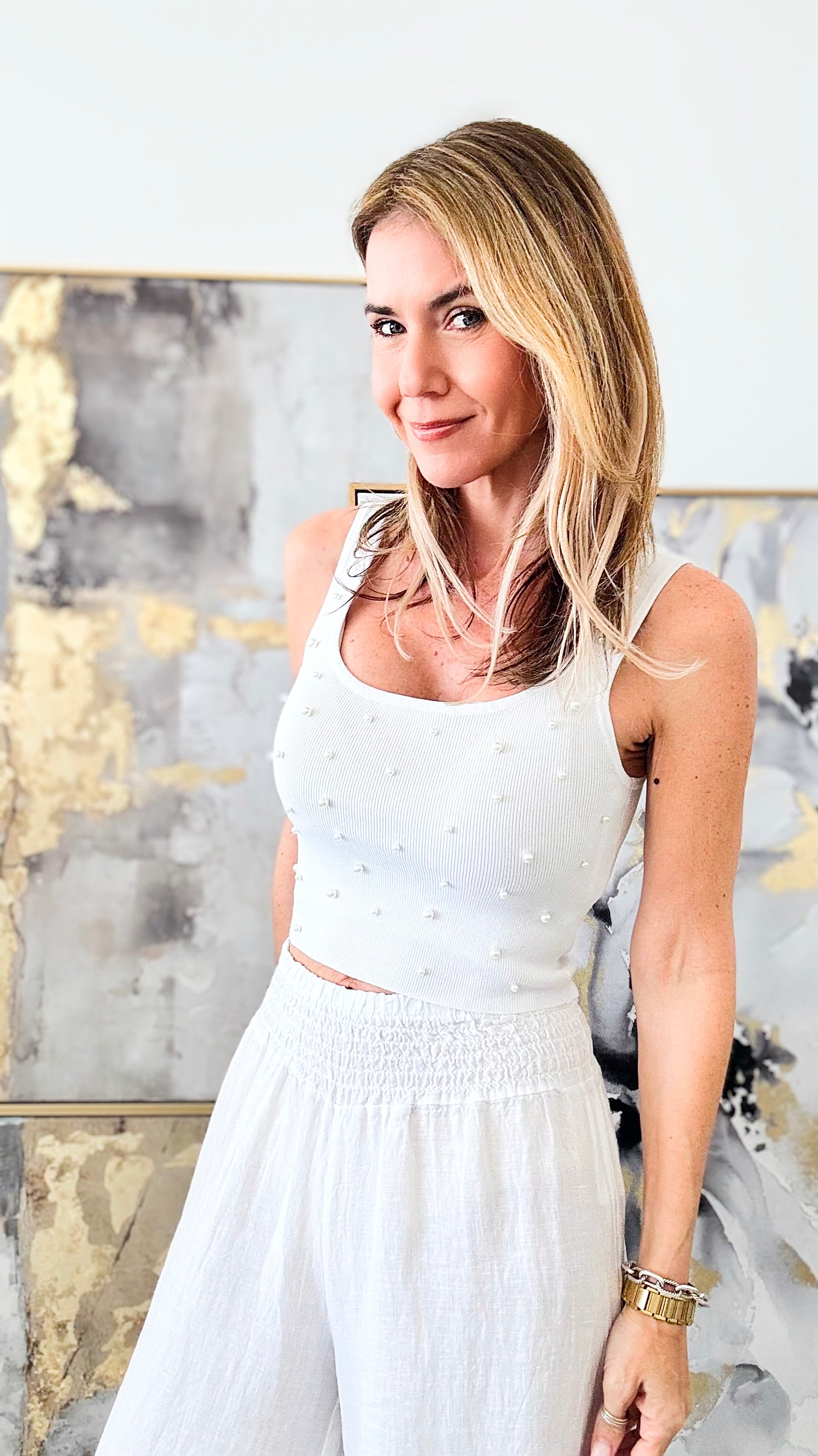 Pearl Detailed Ribbed Knit Tank Top - White-100 Sleeveless Tops-Love Tree Fashion-Coastal Bloom Boutique, find the trendiest versions of the popular styles and looks Located in Indialantic, FL