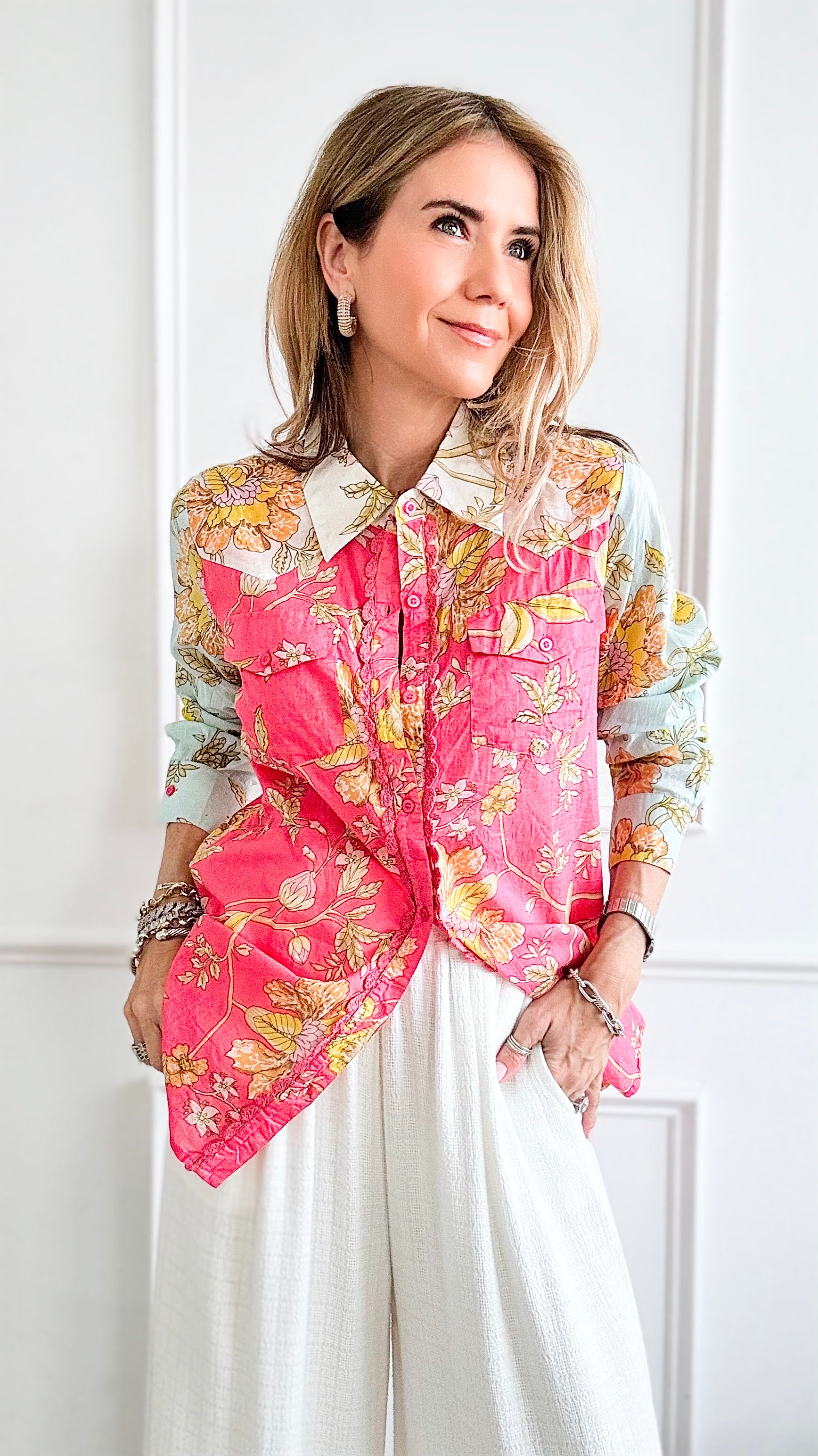 Floral Split Print Button Down Shirt-130 Long Sleeve Tops-Magazine-Coastal Bloom Boutique, find the trendiest versions of the popular styles and looks Located in Indialantic, FL