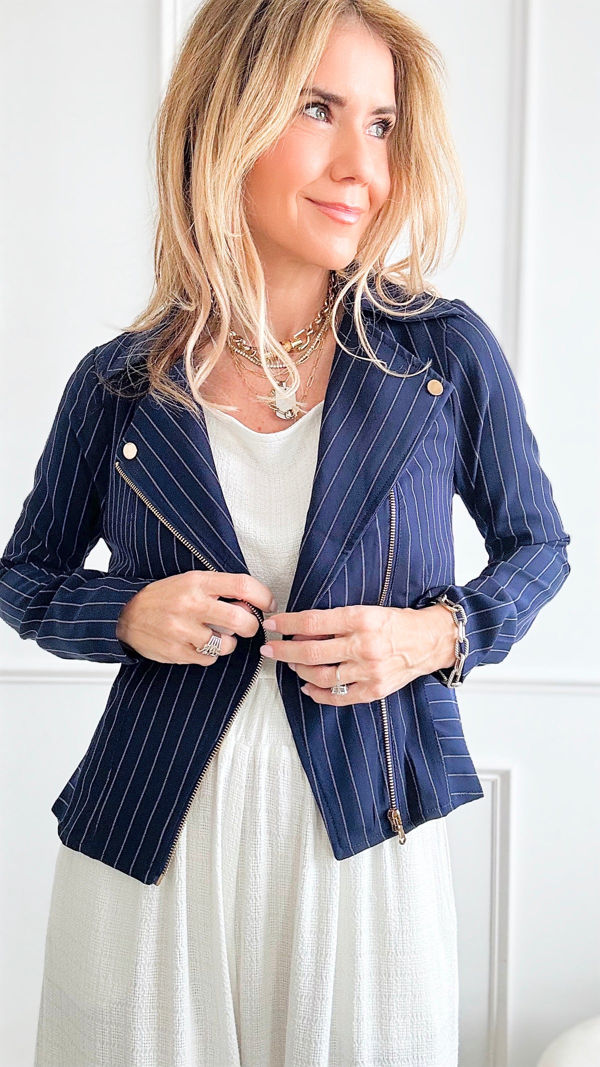 Striped Zipper Short Blazer Jacket - Navy-160 Jackets-Michel-Coastal Bloom Boutique, find the trendiest versions of the popular styles and looks Located in Indialantic, FL