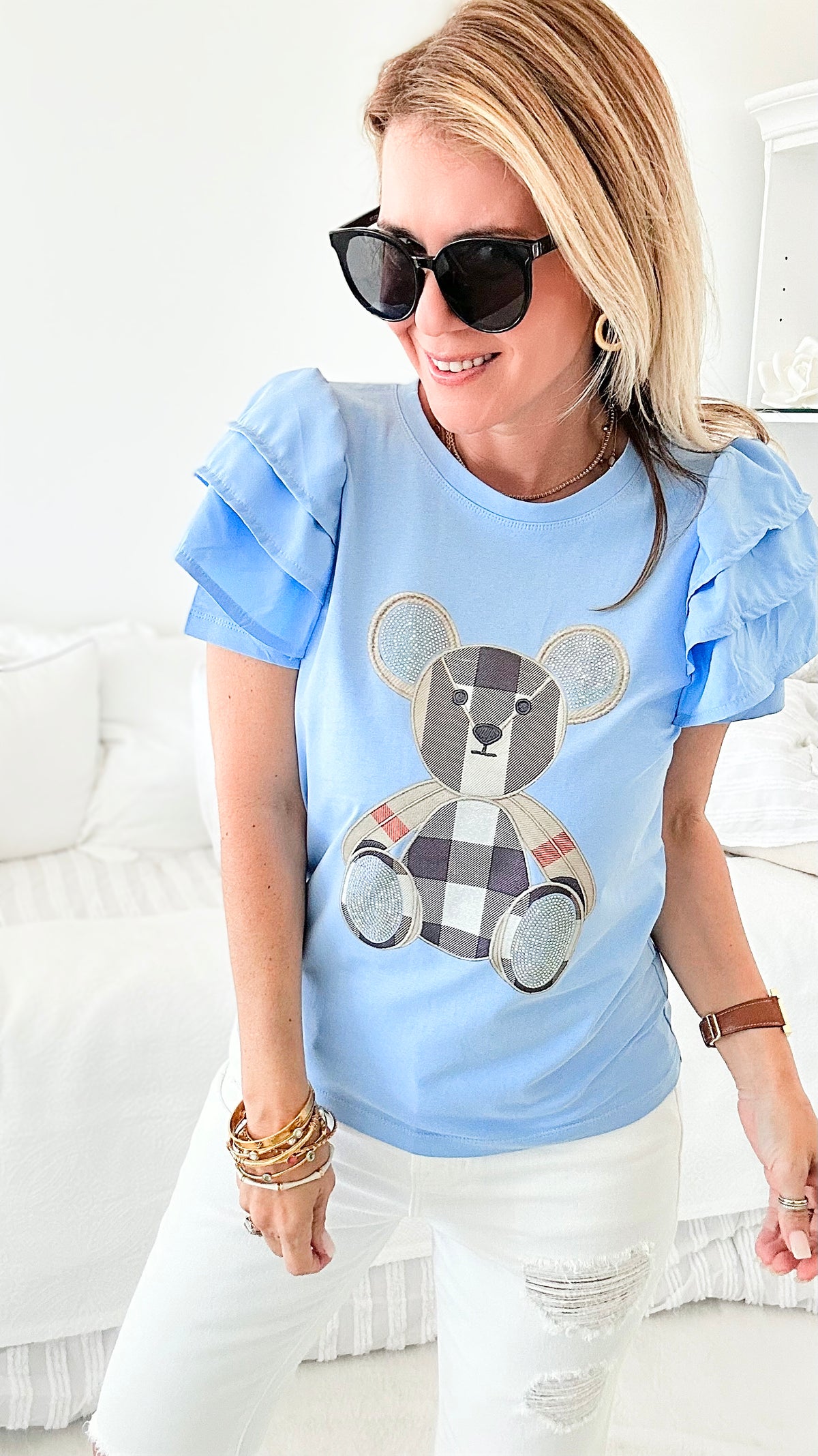 Teddy Ruffle Sleeve Top - Blue-110 short Sleeve Top-IN2YOU-Coastal Bloom Boutique, find the trendiest versions of the popular styles and looks Located in Indialantic, FL