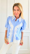 Lace Puff Sleeve Blouse-Blue,White-110 Short Sleeve Tops-pastel design-Coastal Bloom Boutique, find the trendiest versions of the popular styles and looks Located in Indialantic, FL