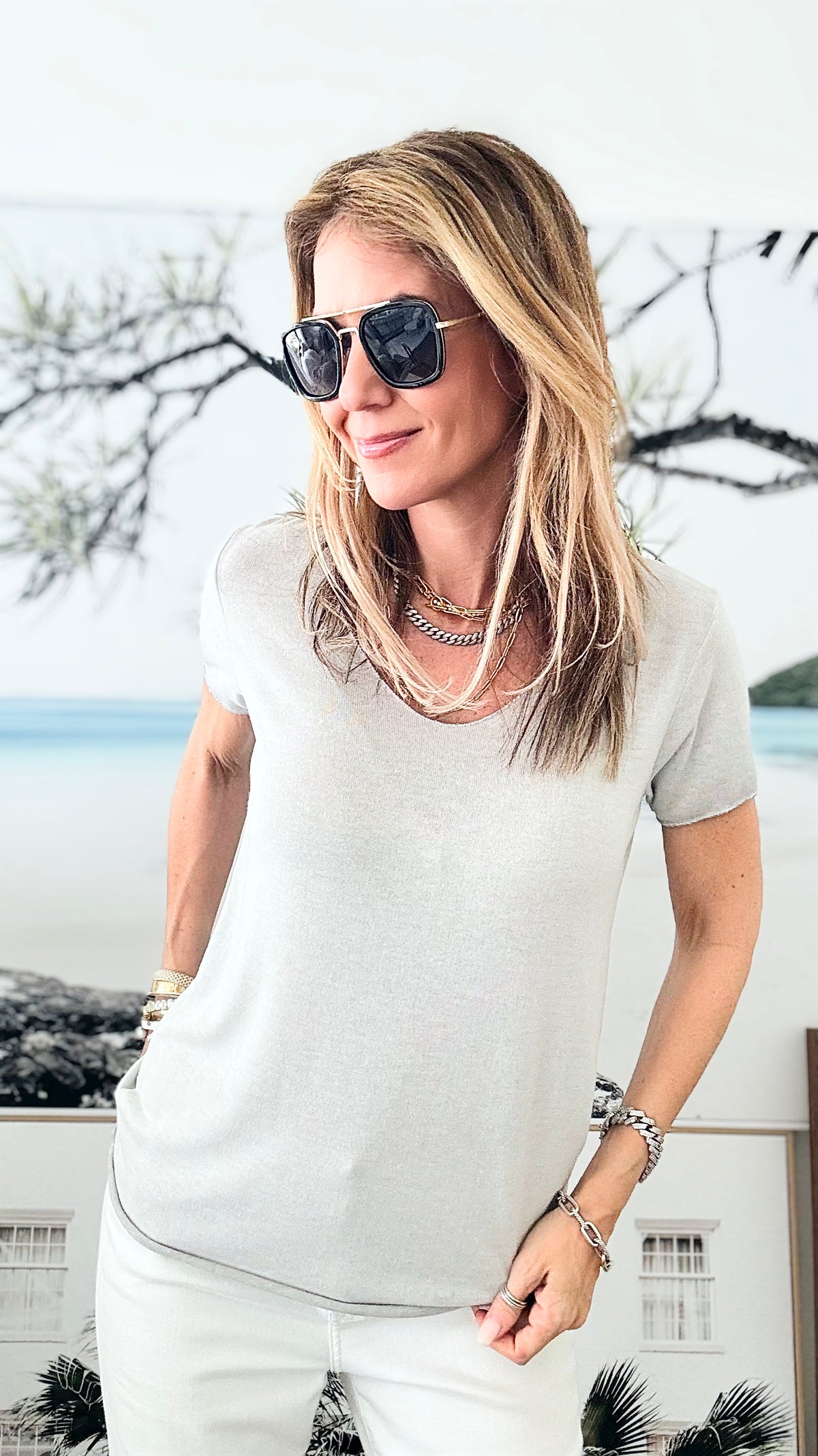 Recoleta Short Sleeve Italian Top - Light Grey-110 Short Sleeve Tops-Germany-Coastal Bloom Boutique, find the trendiest versions of the popular styles and looks Located in Indialantic, FL