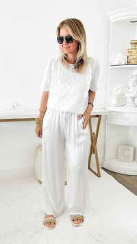 Angora Italian Satin Pant - White-170 Bottoms-Yolly-Coastal Bloom Boutique, find the trendiest versions of the popular styles and looks Located in Indialantic, FL