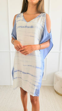 Tie Dye Woven Dress - Powder Blue-110 Short Sleeve Tops-Chatoyant-Coastal Bloom Boutique, find the trendiest versions of the popular styles and looks Located in Indialantic, FL