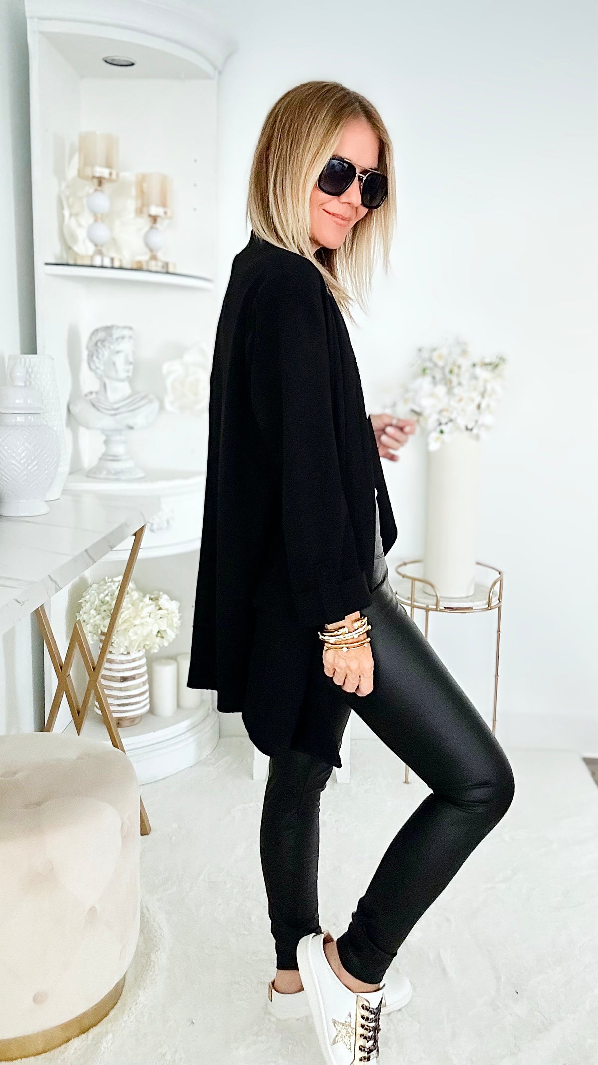 Boyfriend Waterfall Blazer - Black-150 Cardigans/Layers-BOOM BOOM JEANS-Coastal Bloom Boutique, find the trendiest versions of the popular styles and looks Located in Indialantic, FL