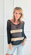 Metallic Stripe Italian Crochet - Black-170 Bottoms-Italianissimo-Coastal Bloom Boutique, find the trendiest versions of the popular styles and looks Located in Indialantic, FL