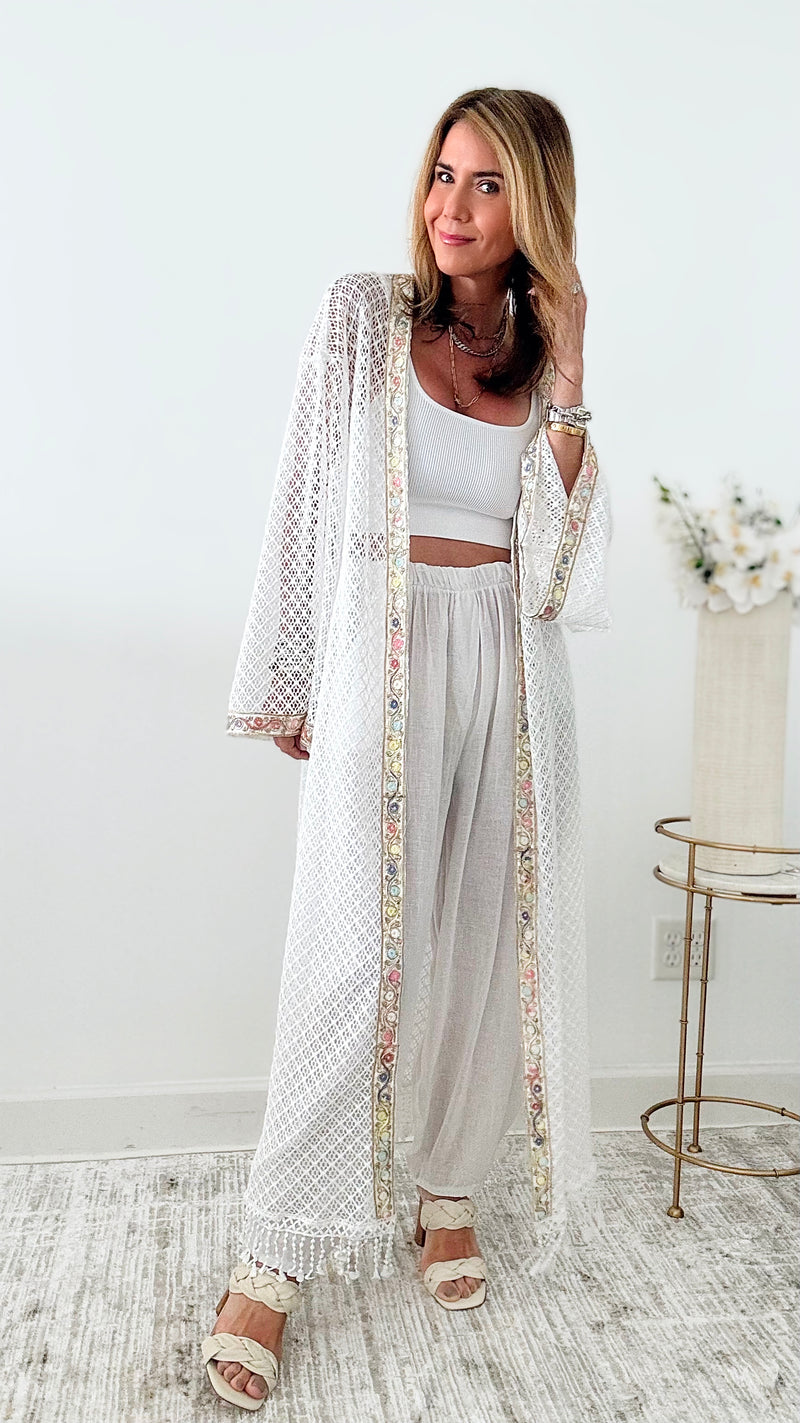 Open Embellished Knit Long Kimono - White-150 Cardigan Layers-original usa-Coastal Bloom Boutique, find the trendiest versions of the popular styles and looks Located in Indialantic, FL