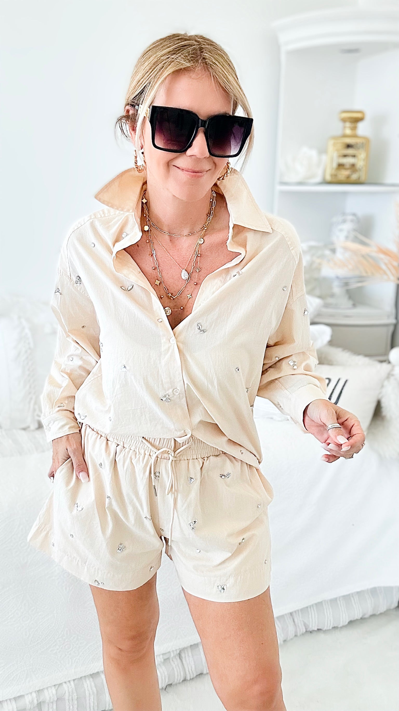 Girl Power Blouse Shorts Set - Beige-130 Long Sleeve Tops-BLUE B-Coastal Bloom Boutique, find the trendiest versions of the popular styles and looks Located in Indialantic, FL
