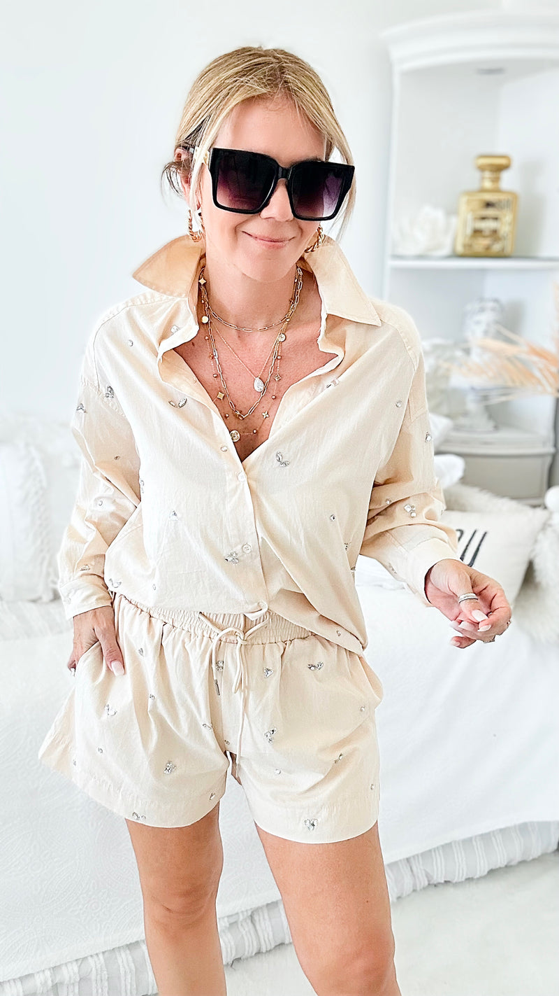 Girl Power Blouse Shorts Set - Beige-130 Long Sleeve Tops-BLUE B-Coastal Bloom Boutique, find the trendiest versions of the popular styles and looks Located in Indialantic, FL