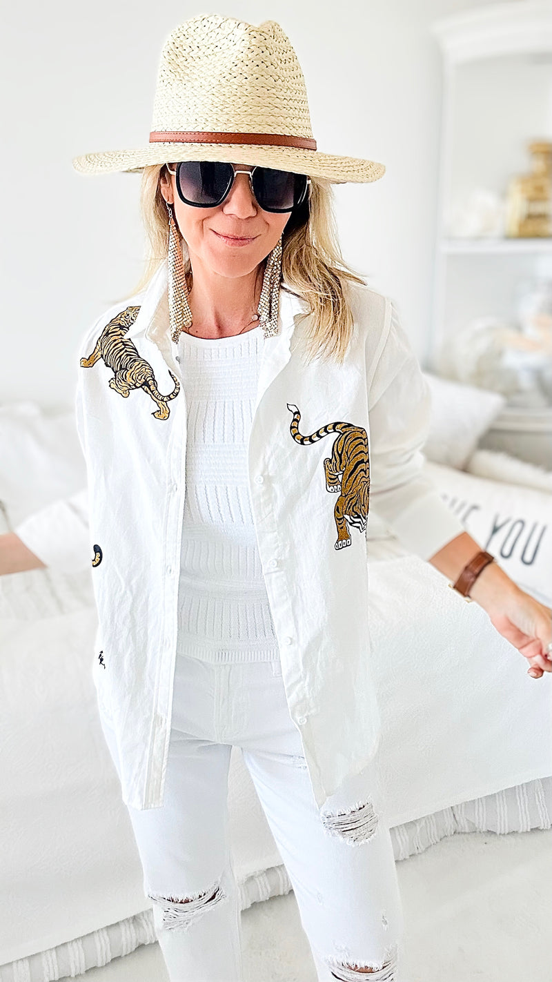 Fierce Spirit Button Up Shirt Blouse-130 Long Sleeve Tops-Blue B-Coastal Bloom Boutique, find the trendiest versions of the popular styles and looks Located in Indialantic, FL