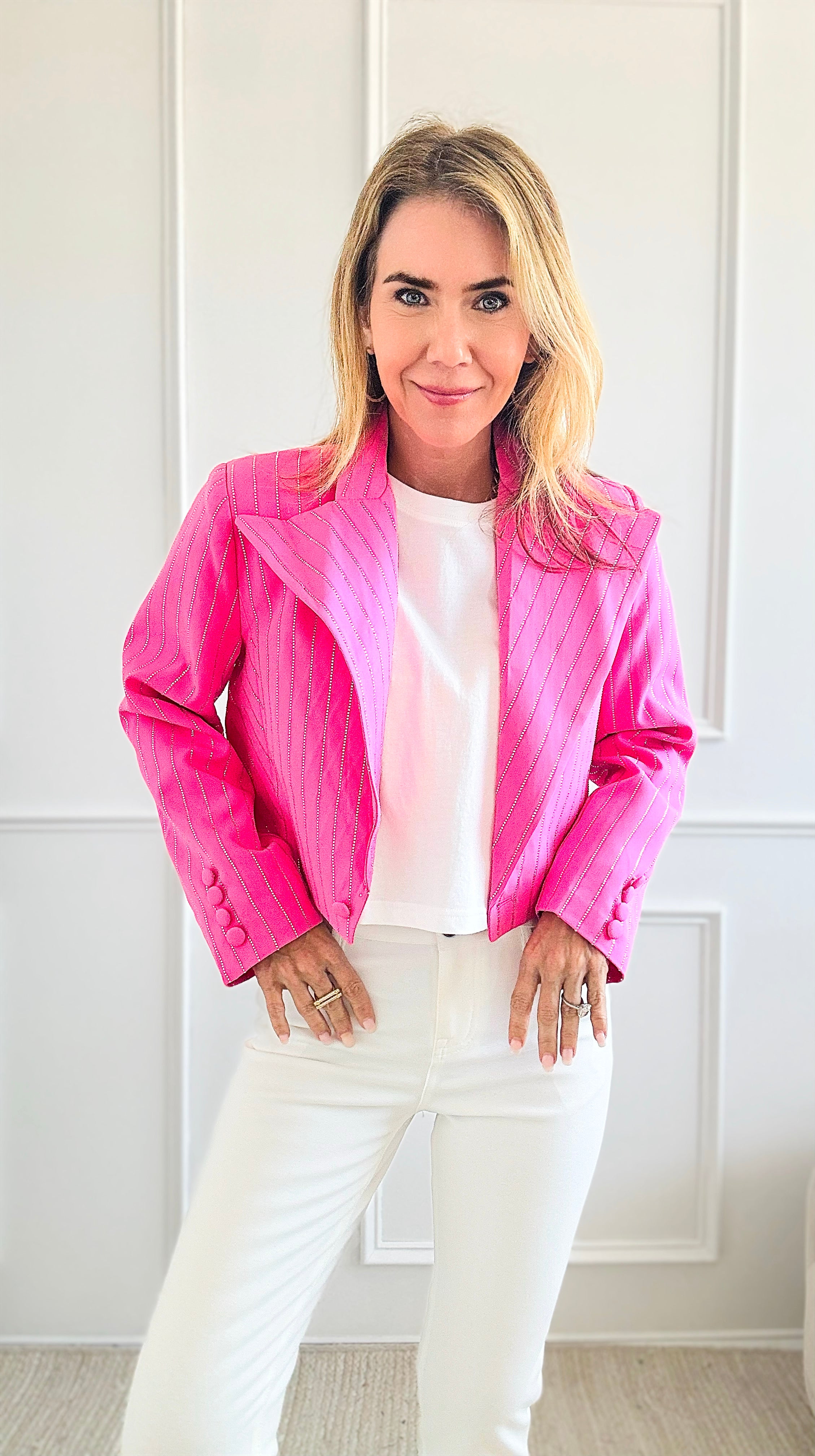 Sequins Striped Cropped Plunged Blazer-150 Cardigans/Layers-LA ROS-Coastal Bloom Boutique, find the trendiest versions of the popular styles and looks Located in Indialantic, FL