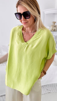 Effortless Italian V Neck Top - Lime-110 Short Sleeve Tops-Yolly-Coastal Bloom Boutique, find the trendiest versions of the popular styles and looks Located in Indialantic, FL