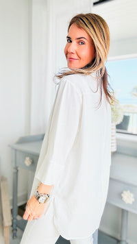 3/4 Sleeve Linen Button Down Top - Off White-130 Long Sleeve Tops-she+sky-Coastal Bloom Boutique, find the trendiest versions of the popular styles and looks Located in Indialantic, FL