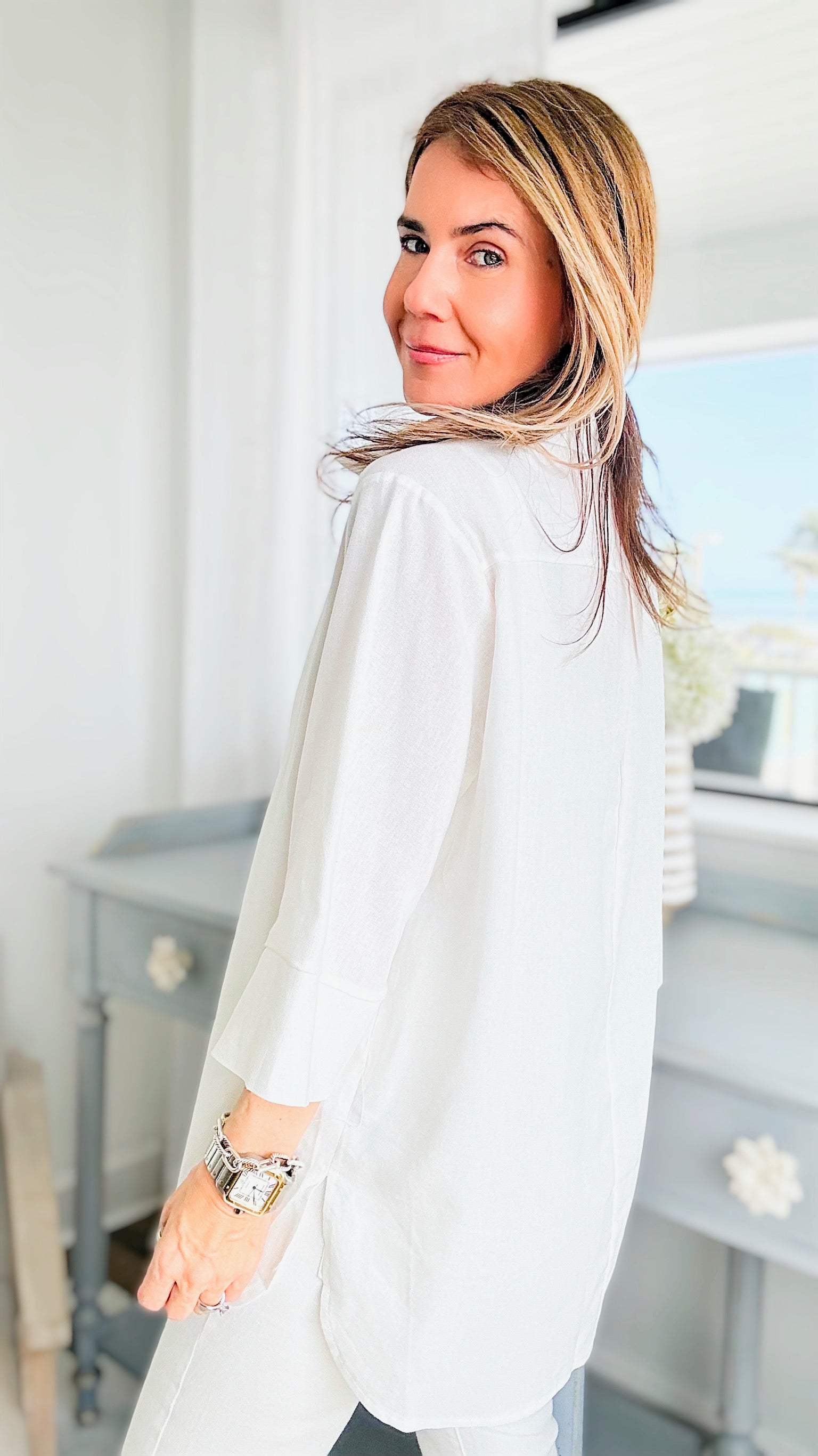 3/4 Sleeve Linen Button Down Top - Off White-130 Long Sleeve Tops-she+sky-Coastal Bloom Boutique, find the trendiest versions of the popular styles and looks Located in Indialantic, FL