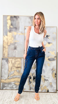 Tied Cargo Denim Italian Pants - Dark-170 Bottoms-Venti6-Coastal Bloom Boutique, find the trendiest versions of the popular styles and looks Located in Indialantic, FL