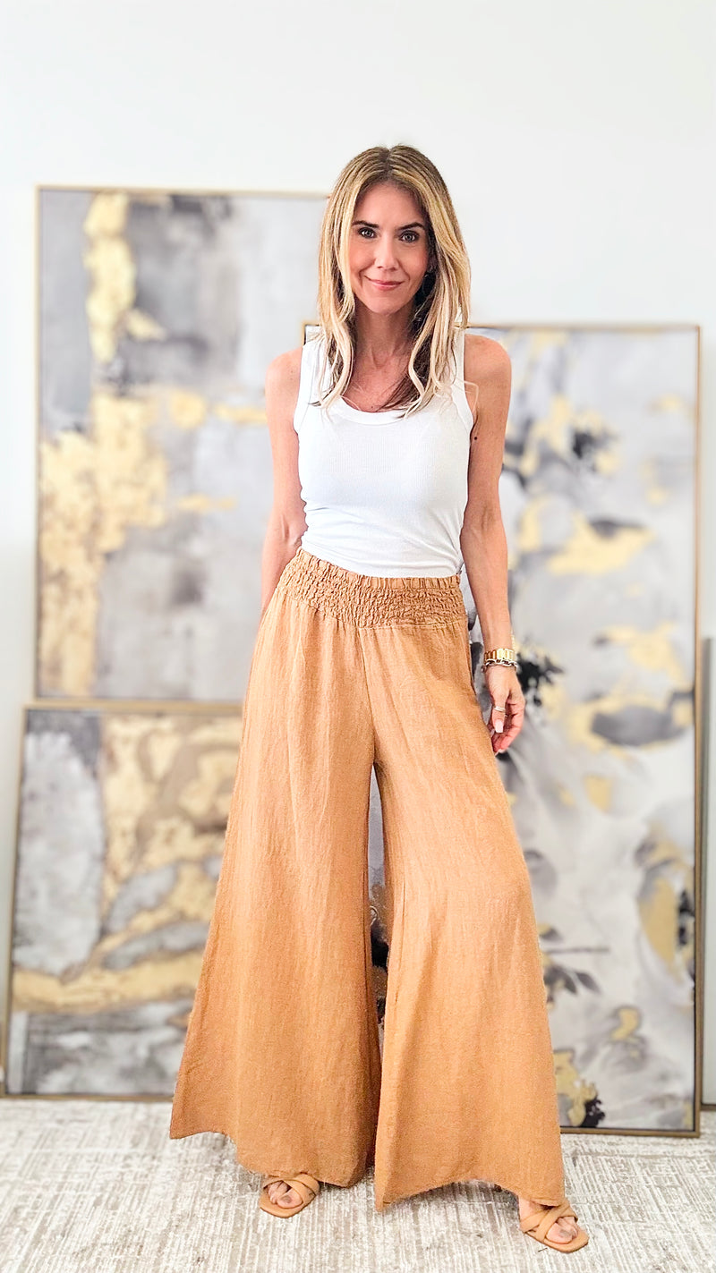 Born Free Linen Italian Palazzo - Camel-170 Bottoms-Italianissimo-Coastal Bloom Boutique, find the trendiest versions of the popular styles and looks Located in Indialantic, FL