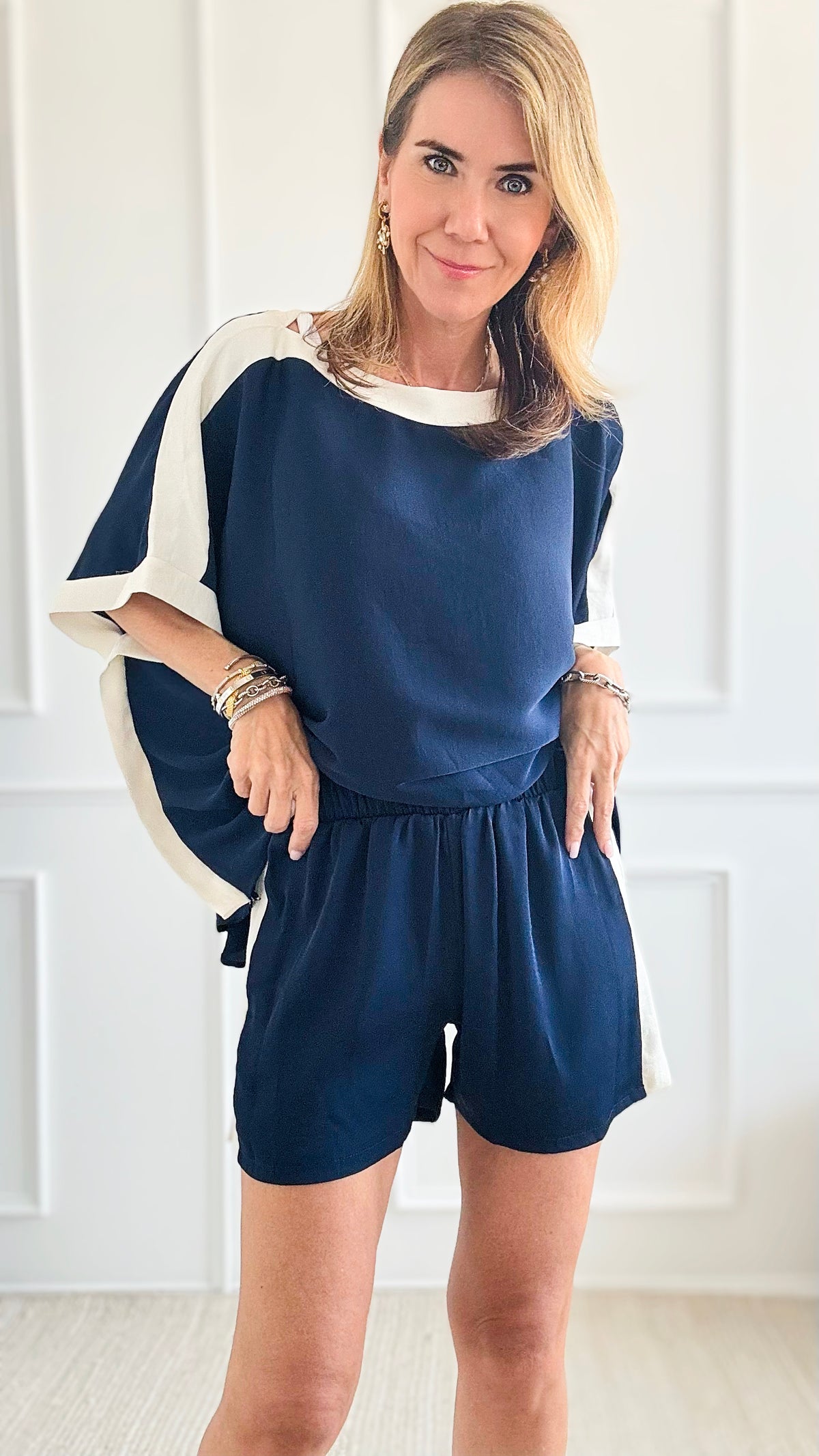 Varsity Stripe Shorts - Navy-170 Bottoms-TYCHE-Coastal Bloom Boutique, find the trendiest versions of the popular styles and looks Located in Indialantic, FL