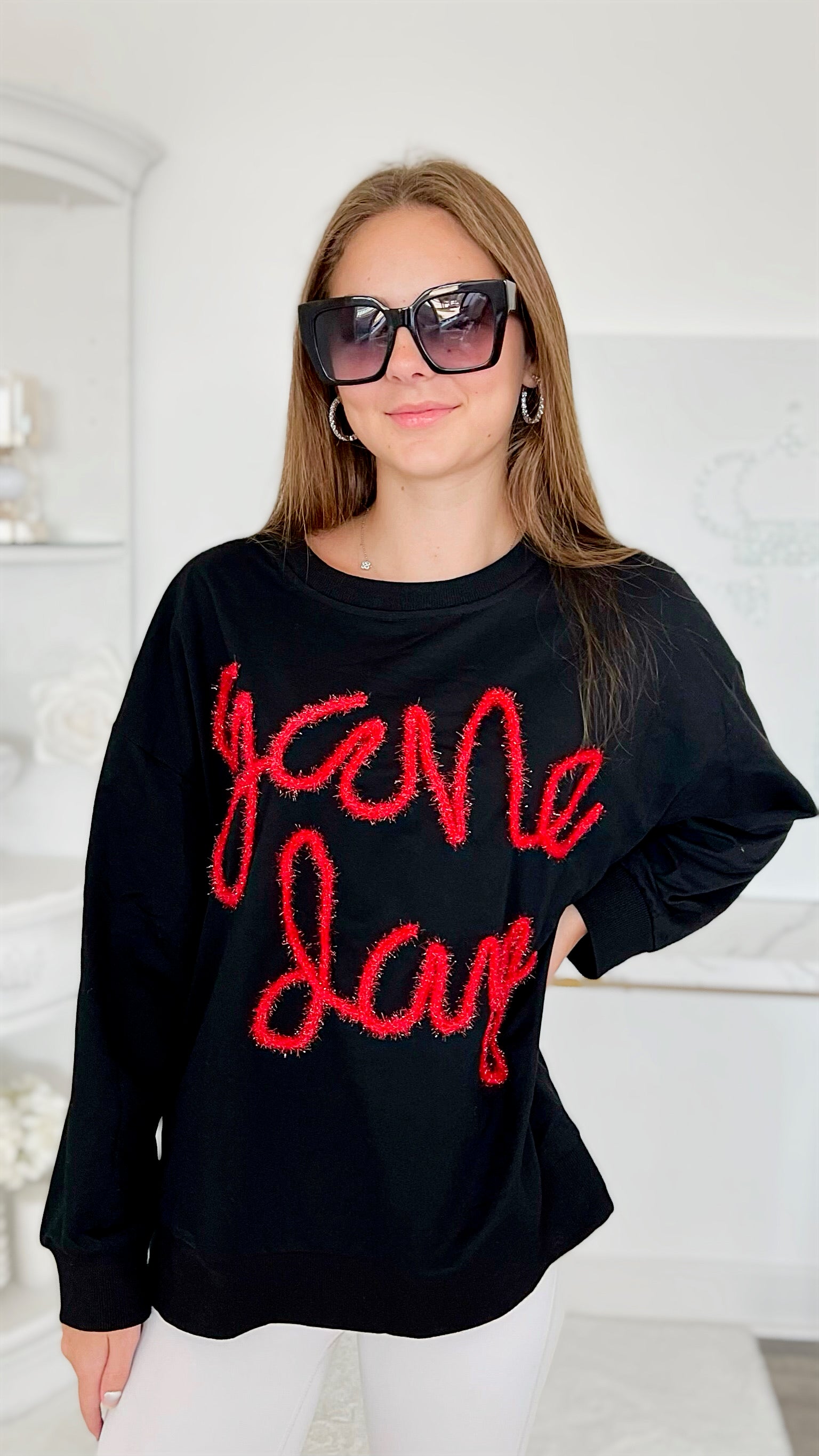 Metallic Game Day Sweatshirt - Black/Red-130 Long Sleeve Tops-BIBI-Coastal Bloom Boutique, find the trendiest versions of the popular styles and looks Located in Indialantic, FL