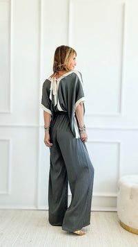 Silky Varsity Stripe Jumpsuit - Grey-200 Dresses/Jumpsuits/Rompers-TYCHE-Coastal Bloom Boutique, find the trendiest versions of the popular styles and looks Located in Indialantic, FL