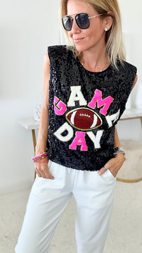 Saturday Game Day Sequin Bling Top - Black/Fuchsia-110 Short Sleeve Tops-BIBI-Coastal Bloom Boutique, find the trendiest versions of the popular styles and looks Located in Indialantic, FL